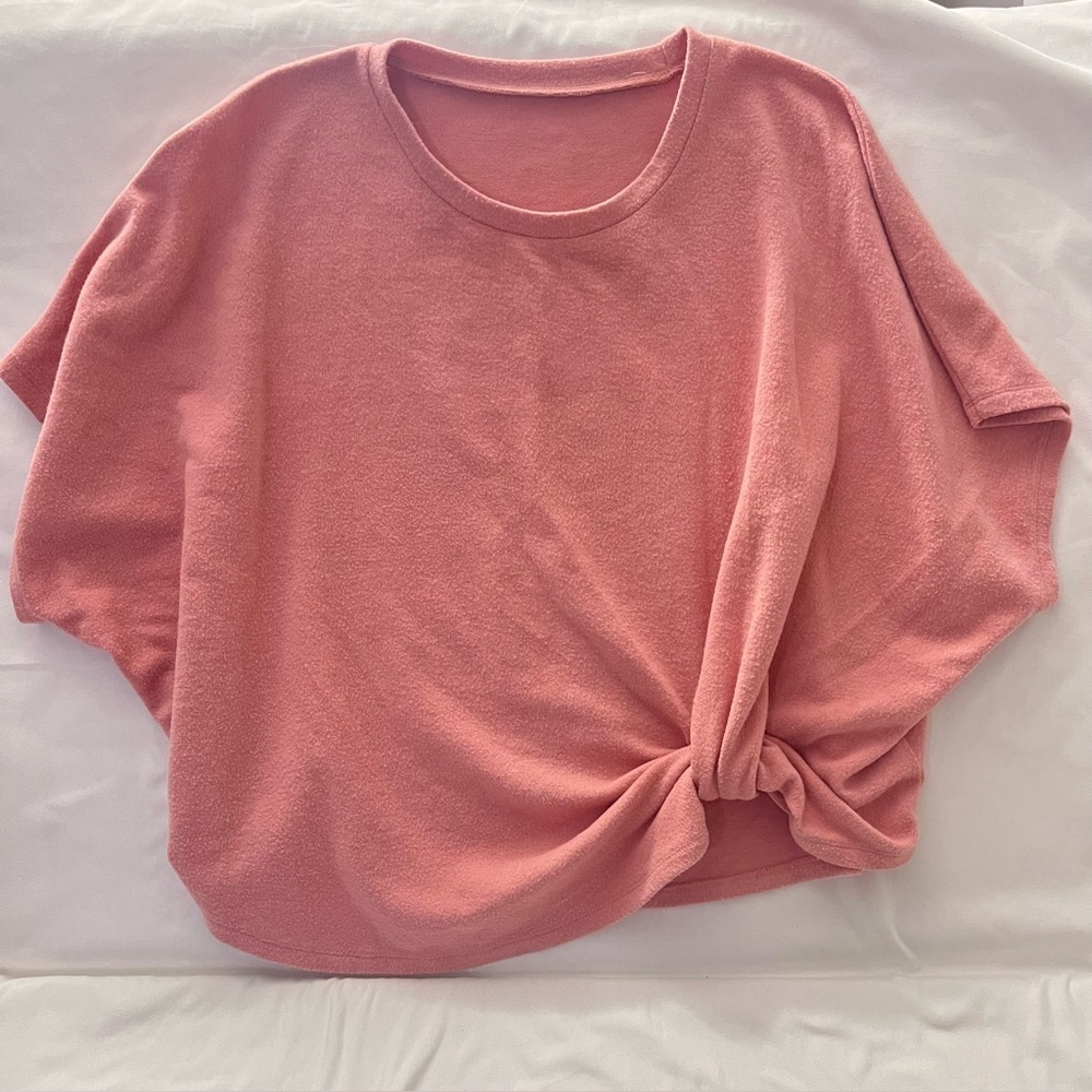 Cozy Dolman Sleeve Tie Knot Front Top Oversized Pink L